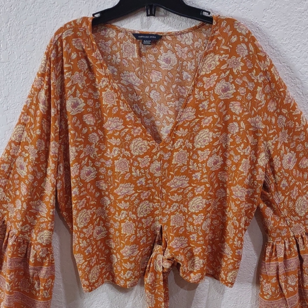 American Eagle Floral Orange Women's Top - Picture 9 of 16